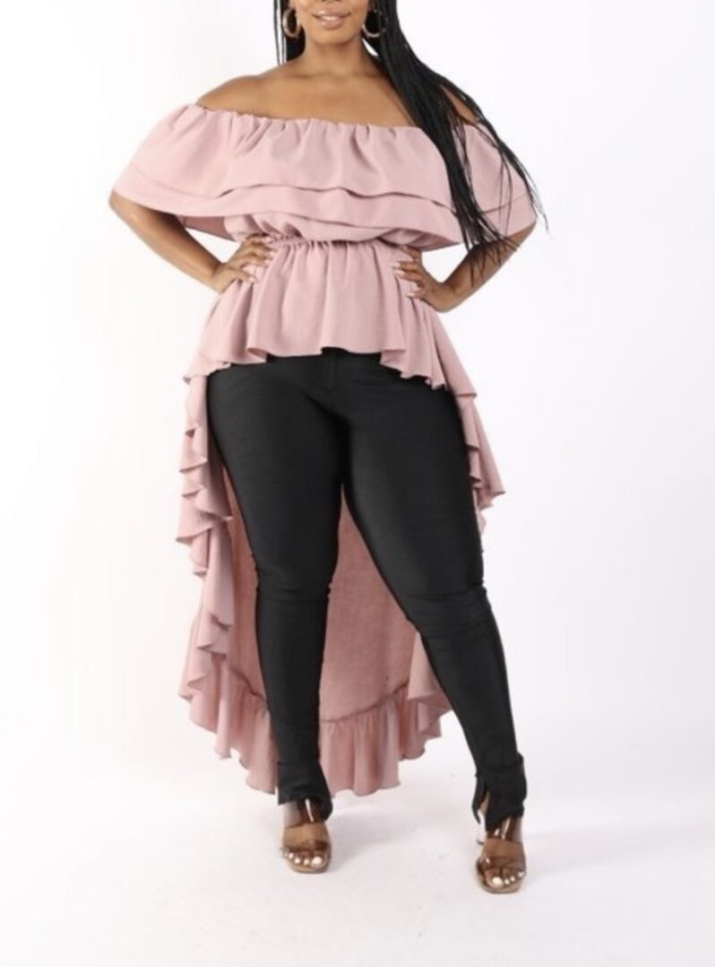 TKK Debbie Off Shoulder Ruffled Hi/Low Top
