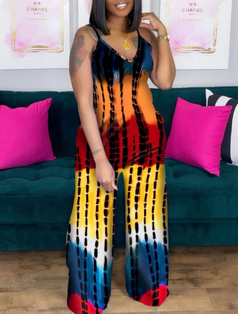 TKK Casual V-Neck Tie-Dye Jumpsuit