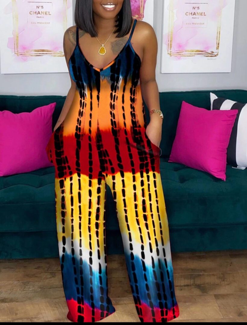 TKK Casual V-Neck Tie-Dye Jumpsuit